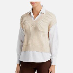 NWOT T Tahari Women's Layered Mixed Media V-Nexk Pullover Sweater, Tan/White, M